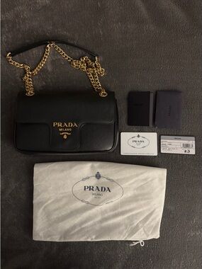 Prada Black Saffiano Leather Flap Crossbody with Gold Chain
